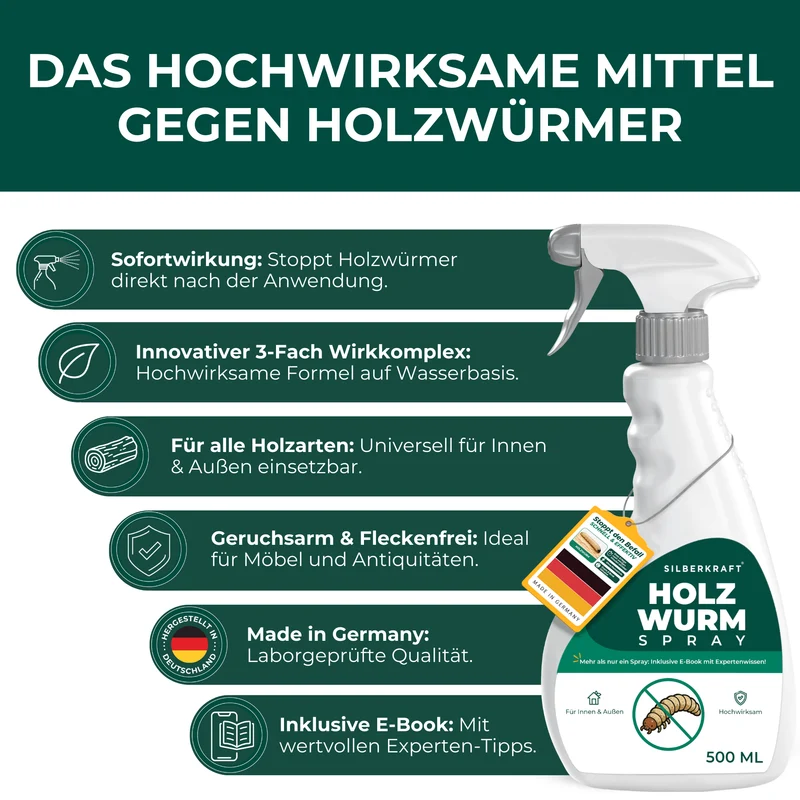 Holzwurm Spray: Holzwurmmittel gegen Holzwürmer, Holzbock & Nagekäfer für Innen & Außen inkl. E-Book