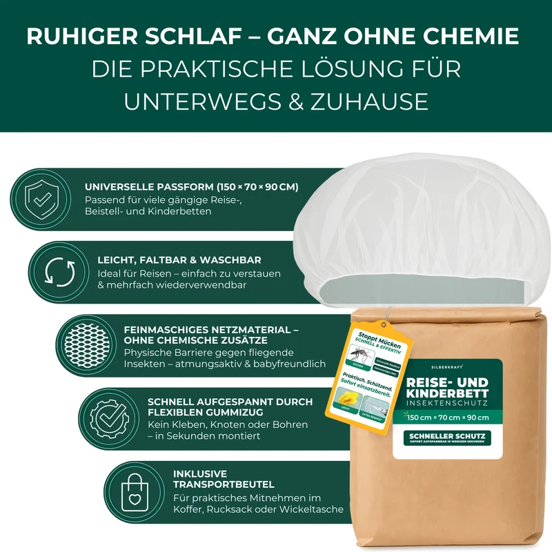 Insektenschutz für Reise- und Kinderbett – Mückennetz 150×70×90 cm – Faltbar & atmungsaktiv – Für Babyreisebett & Beistellbett – Inkl. Transportbeutel