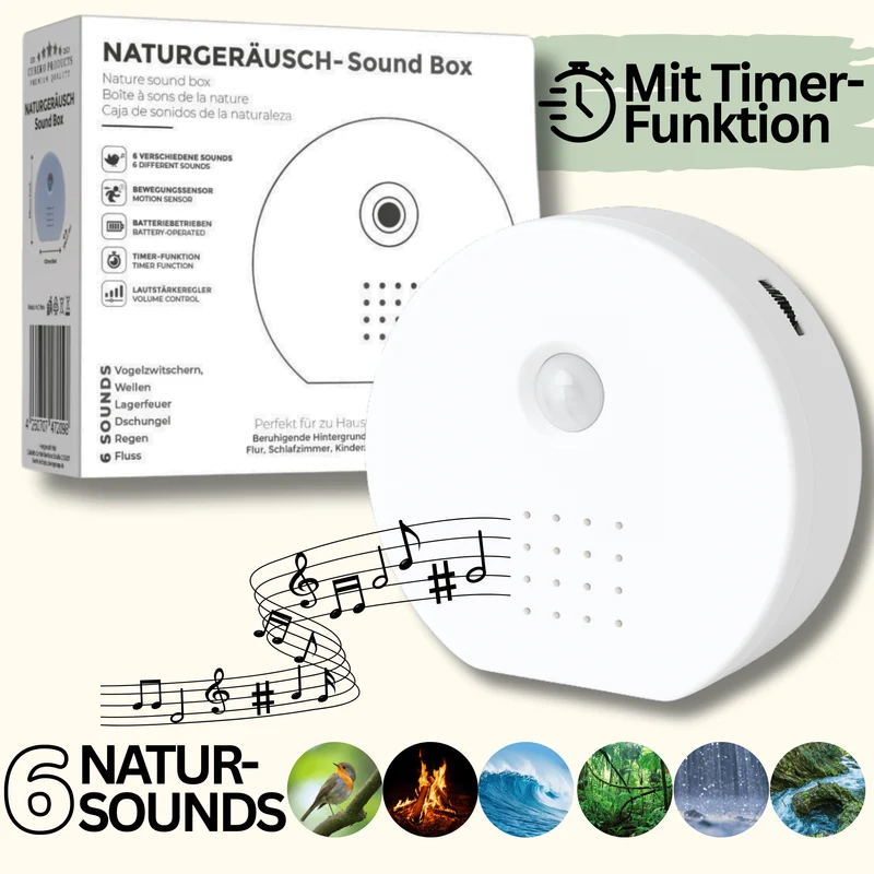 Naturgeräusche-Soundbox mit Bewegungssensor – 6 beruhigende Sounds, Timer & Lautstärkeregler, mit Vogelgezwitscher