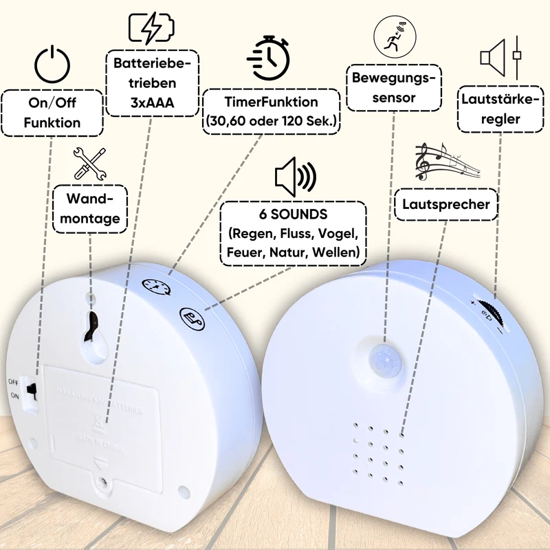 Naturgeräusche-Soundbox mit Bewegungssensor – 6 beruhigende Sounds, Timer & Lautstärkeregler, mit Vogelgezwitscher