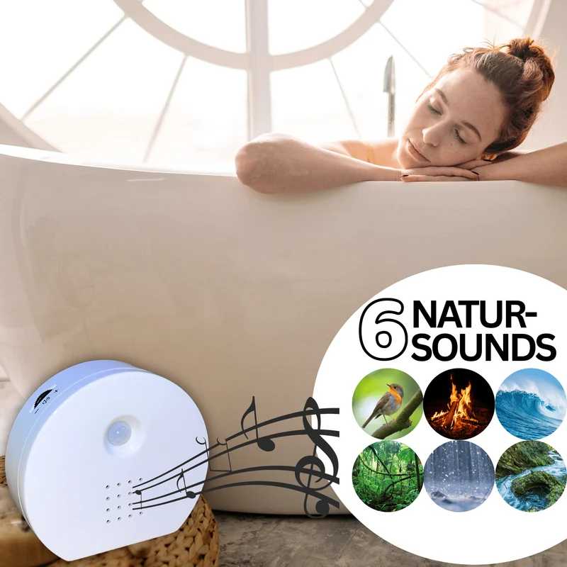 Naturgeräusche-Soundbox mit Bewegungssensor – 6 beruhigende Sounds, Timer & Lautstärkeregler, mit Vogelgezwitscher