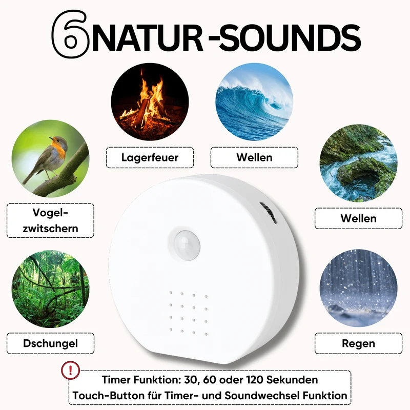 Naturgeräusche-Soundbox mit Bewegungssensor – 6 beruhigende Sounds, Timer & Lautstärkeregler, mit Vogelgezwitscher