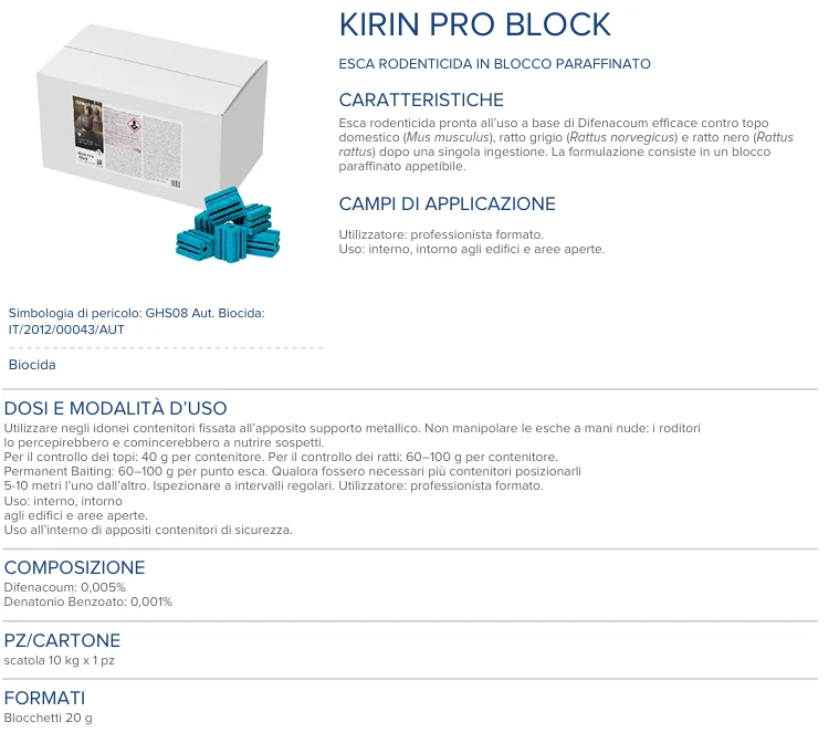 Esca rodenticida derattizzante per topi e ratti Kirin Pro Block 10 kg