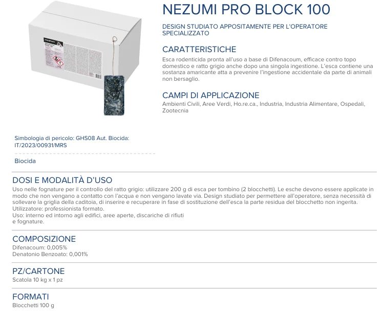 Esca rodenticida derattizzante per topi e ratti Nezumi Pro Block 10 kg