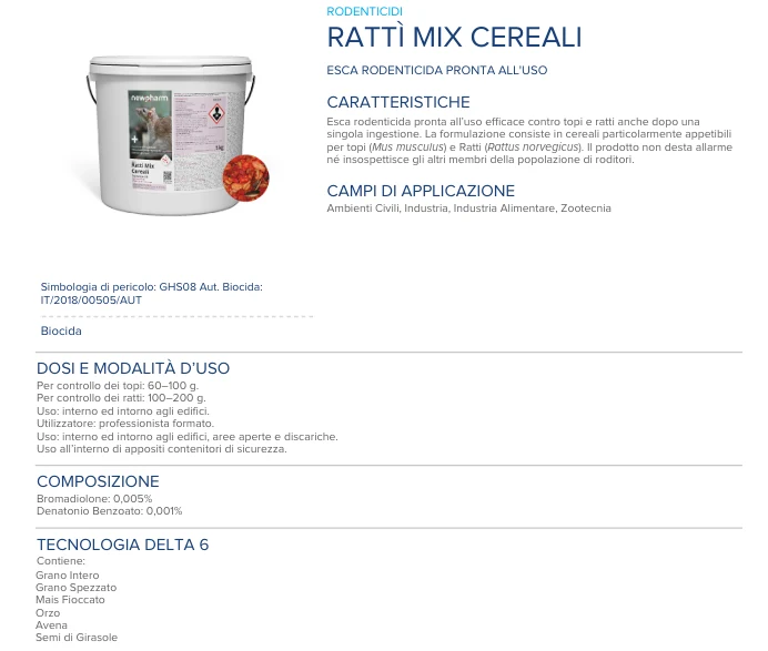 Esca rodenticida derattizzante per topi e ratti Rattì Mix Cereali 5 kg