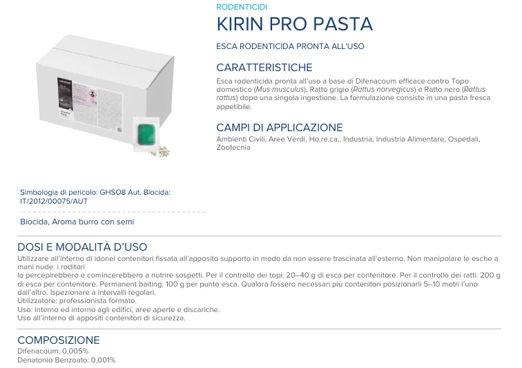Esca rodenticida derattizzante per topi e ratti Kirin Pro Pasta 100 gr ( 1 pz)