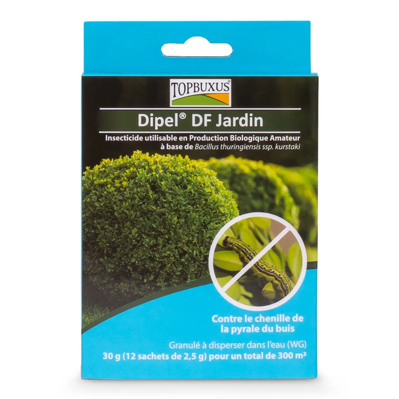 TOPBUXUS Dipel DF Jardin – Behandlung gegen den Buchsbaumzünsler – 12 × 2,5 g für insgesamt 300 m² Buchsbaum