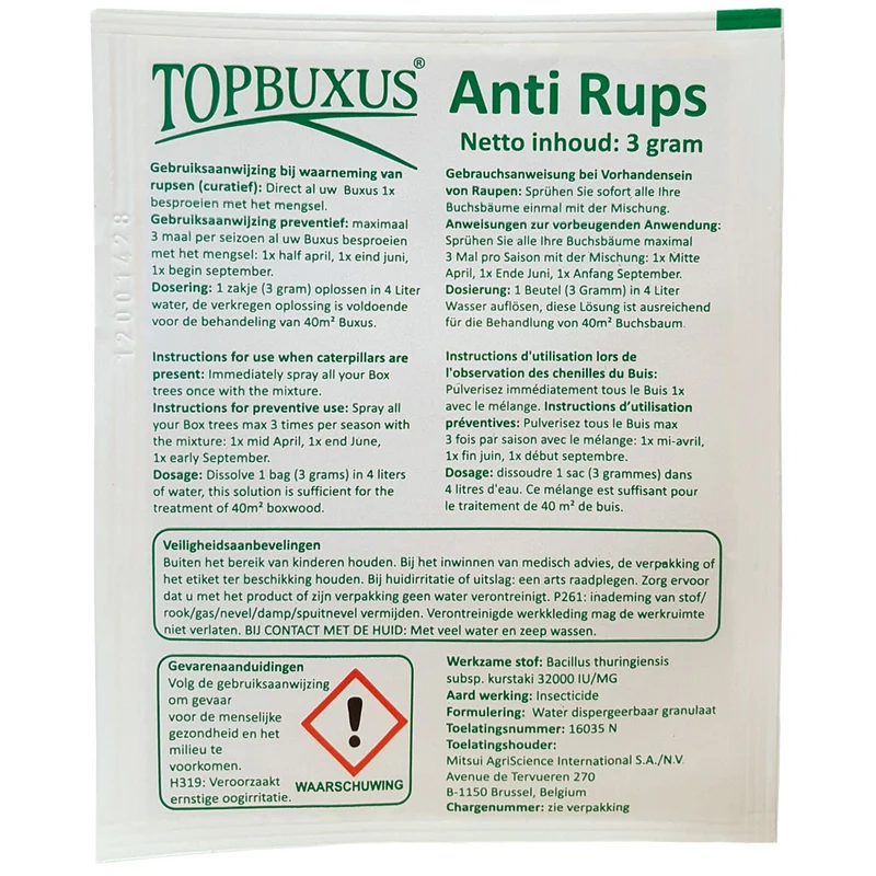 TOPBUXUS Anti Rups® - gegen Raupe des Buchsbaumzünslers - 5x3g für 200m2 Buchs