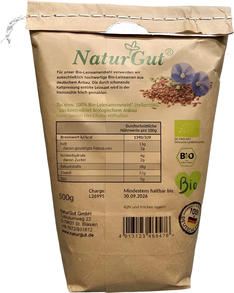 Bio Leinsamenmehl teilentölt 500 g – ballaststoffreich, kohlenhydratarm, proteinreich