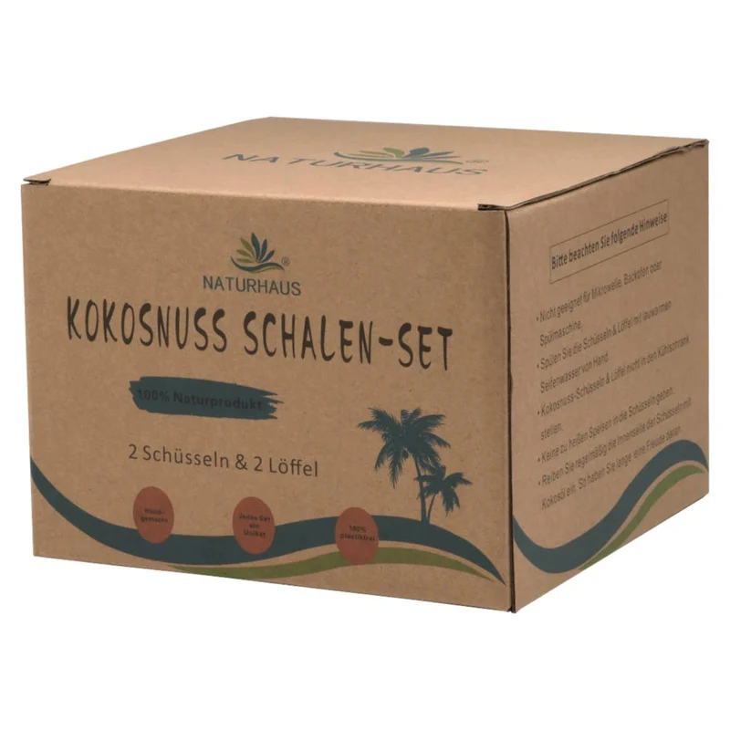 Kokosnuss Schalen-Set (2 Schalen + 2 Löffel) – Handgemachte Kokosnussschalen – Nachhaltige Müslischalen & Smoothie Bowls