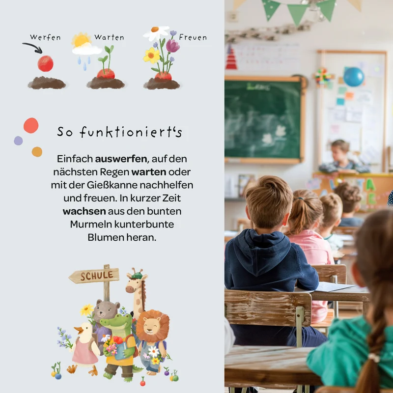 5 Blumenmurmeln im Tütchen zur Einschulung "Graffiti"