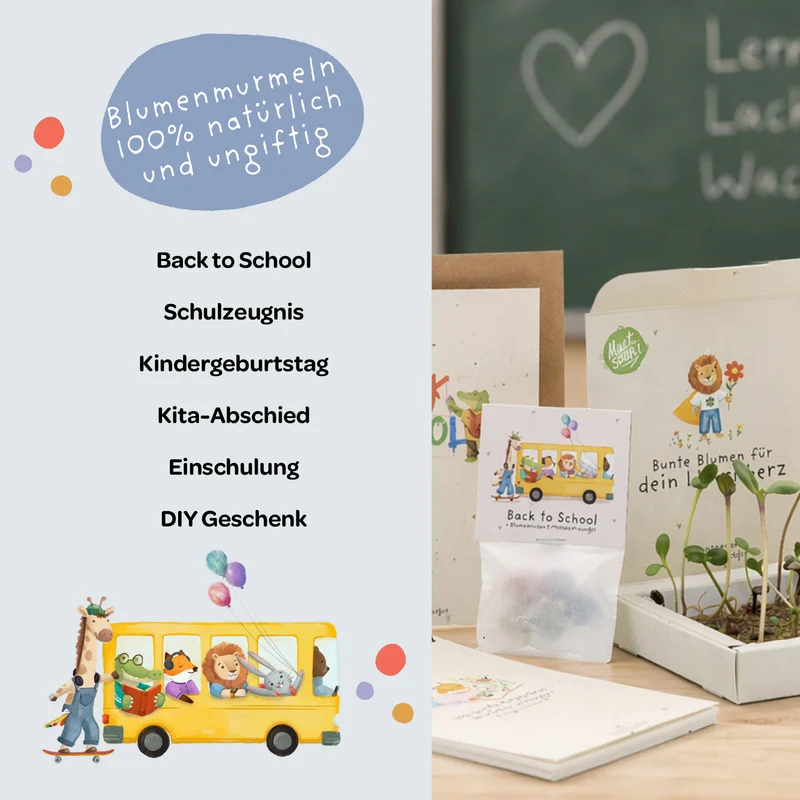 5 Blumenmurmeln im Tütchen zur Einschulung "Bus"