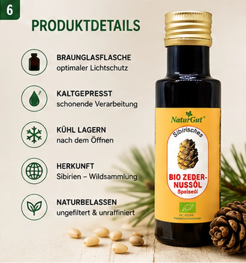Bio Zedernussöl 100 ml | Kaltgepresstes Bio Zedernöl aus Pinus sibirica | Reich an ungesättigten Fettsäuren & natürlichem Vitamin E