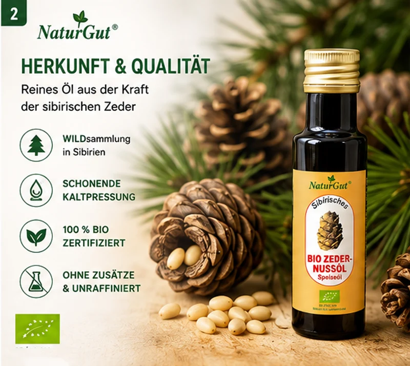 Bio Zedernussöl 100 ml | Kaltgepresstes Bio Zedernöl aus Pinus sibirica | Reich an ungesättigten Fettsäuren & natürlichem Vitamin E