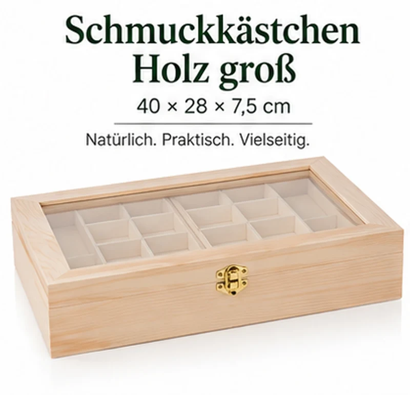 Schmuckkästchen Holz groß 40 x 28 x 7,5 cm | FSC-zertifizierte Holzbox zum Bemalen & Gestalten | Schmuckbox für Ringe, Ketten & Accessoires | DIY Bastelbox