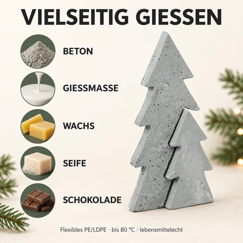 Gießform Tannenbaum 14 x 29 cm | Flexible Weihnachts-Gießform aus PE/LDPE | Für Beton, Gießmasse, Wachs, Seife & Schokolade | Lebensmittelecht