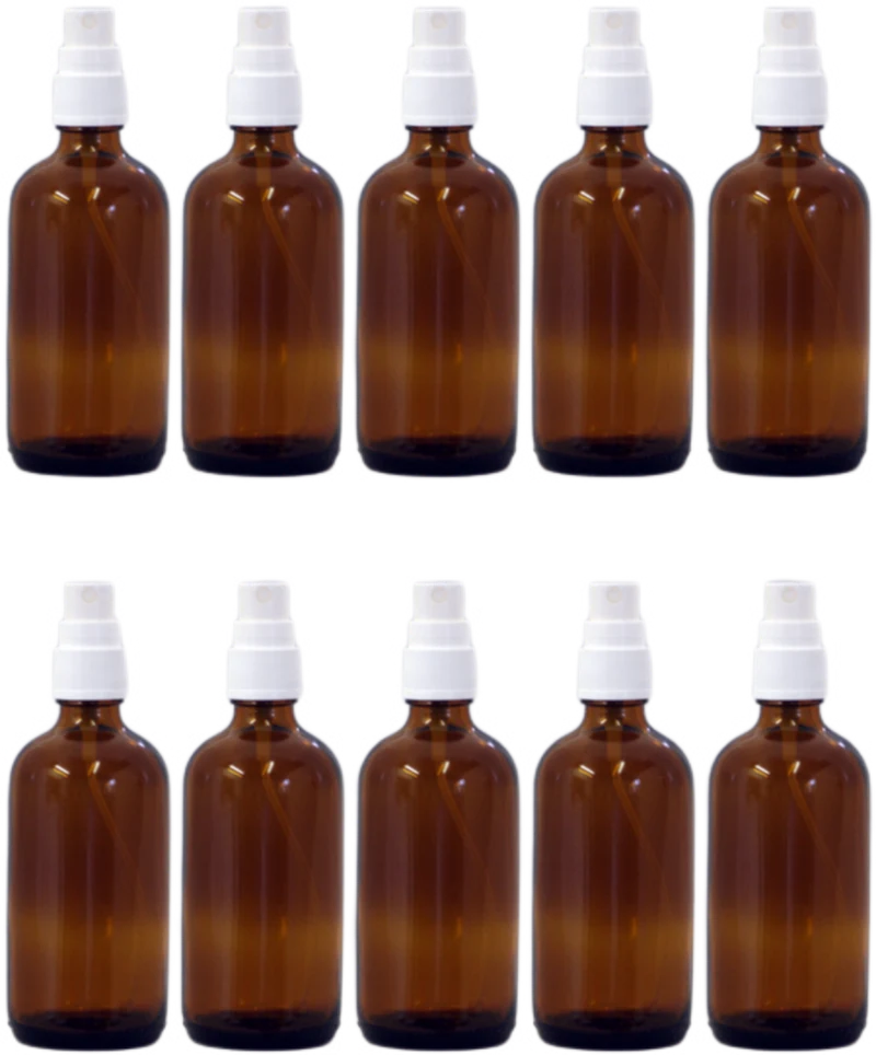 10 x 100ml Braunglasflasche mit Sprühkopf und Schutzkappe