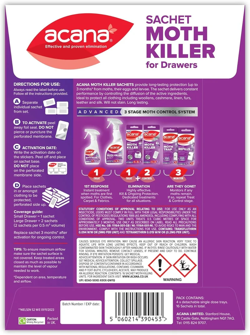 Acana Moth Killer Sachets (16/pack) - NEW & Updated!
