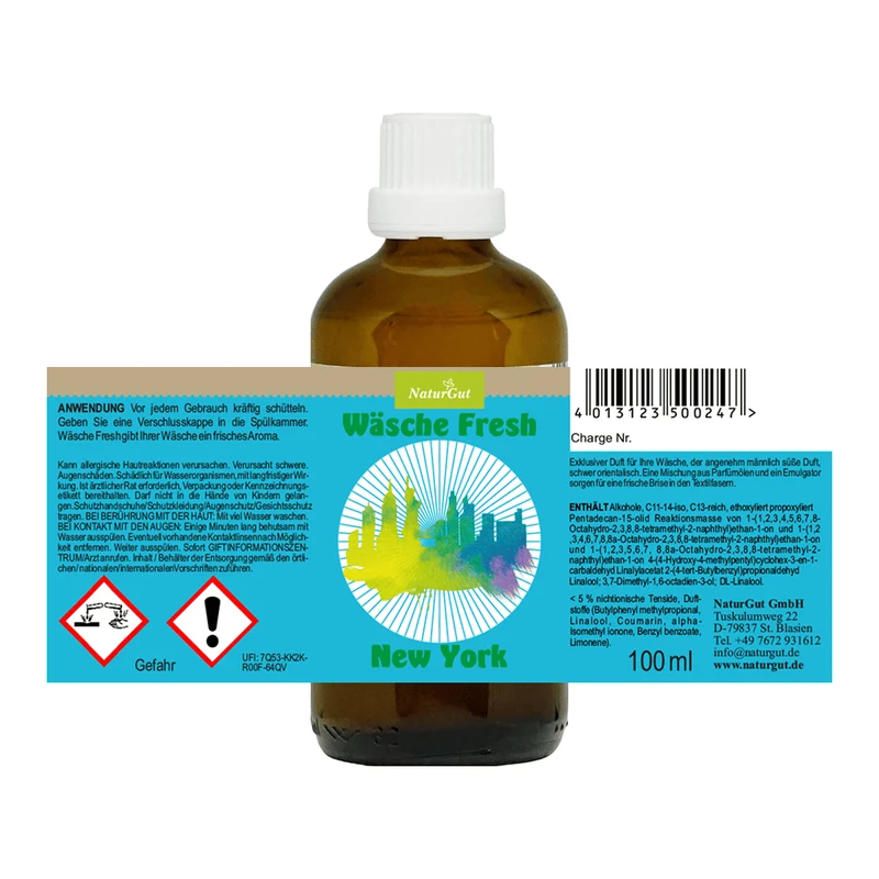 Wäsche Fresh New York 100 ml | Wäscheduft Konzentrat mit ätherischen Ölen | Männlich-süßer orientalischer Duft | Wäscheparfüm für Waschmaschine | Ohne Weichspüler