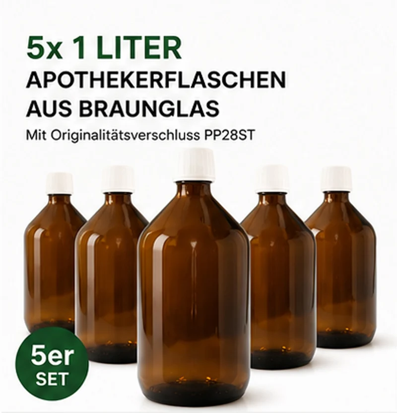 Braunglasflaschen 5 x 1 Liter mit PP28ST Originalitätsverschluss | Apothekerflaschen aus Braunglas | UV-Schutz Glasflaschen | Für Tinkturen, Ätherische Öle, Labor, Kosmetik, Lebensmittel & DIY
