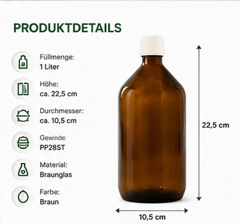 Braunglasflaschen 5 x 1 Liter mit PP28ST Originalitätsverschluss | Apothekerflaschen aus Braunglas | UV-Schutz Glasflaschen | Für Tinkturen, Ätherische Öle, Labor, Kosmetik, Lebensmittel & DIY