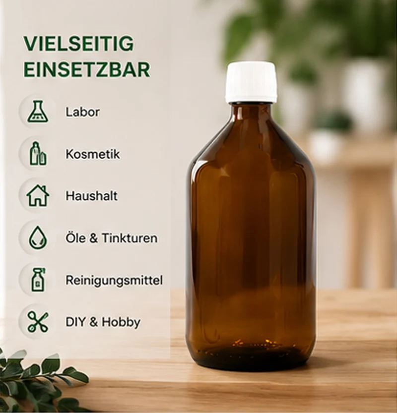 Braunglasflaschen 5 x 1 Liter mit PP28ST Originalitätsverschluss | Apothekerflaschen aus Braunglas | UV-Schutz Glasflaschen | Für Tinkturen, Ätherische Öle, Labor, Kosmetik, Lebensmittel & DIY