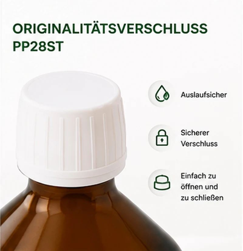 Braunglasflaschen 5 x 1 Liter mit PP28ST Originalitätsverschluss | Apothekerflaschen aus Braunglas | UV-Schutz Glasflaschen | Für Tinkturen, Ätherische Öle, Labor, Kosmetik, Lebensmittel & DIY