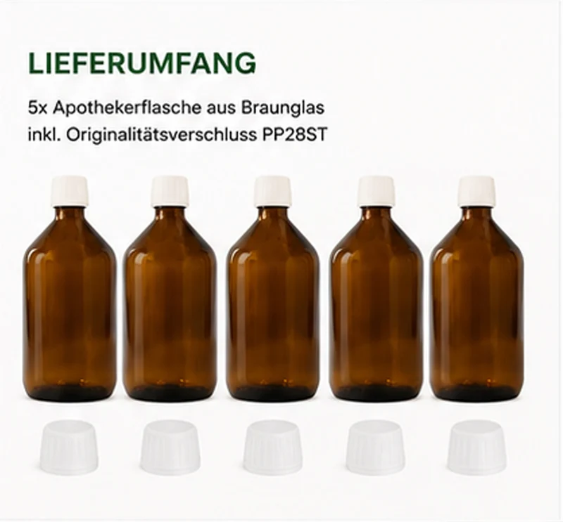 Braunglasflaschen 5 x 1 Liter mit PP28ST Originalitätsverschluss | Apothekerflaschen aus Braunglas | UV-Schutz Glasflaschen | Für Tinkturen, Ätherische Öle, Labor, Kosmetik, Lebensmittel & DIY