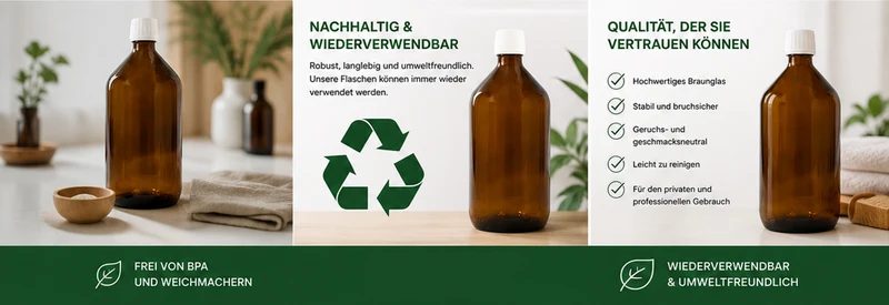 Braunglasflaschen 5 x 1 Liter mit PP28ST Originalitätsverschluss | Apothekerflaschen aus Braunglas | UV-Schutz Glasflaschen | Für Tinkturen, Ätherische Öle, Labor, Kosmetik, Lebensmittel & DIY