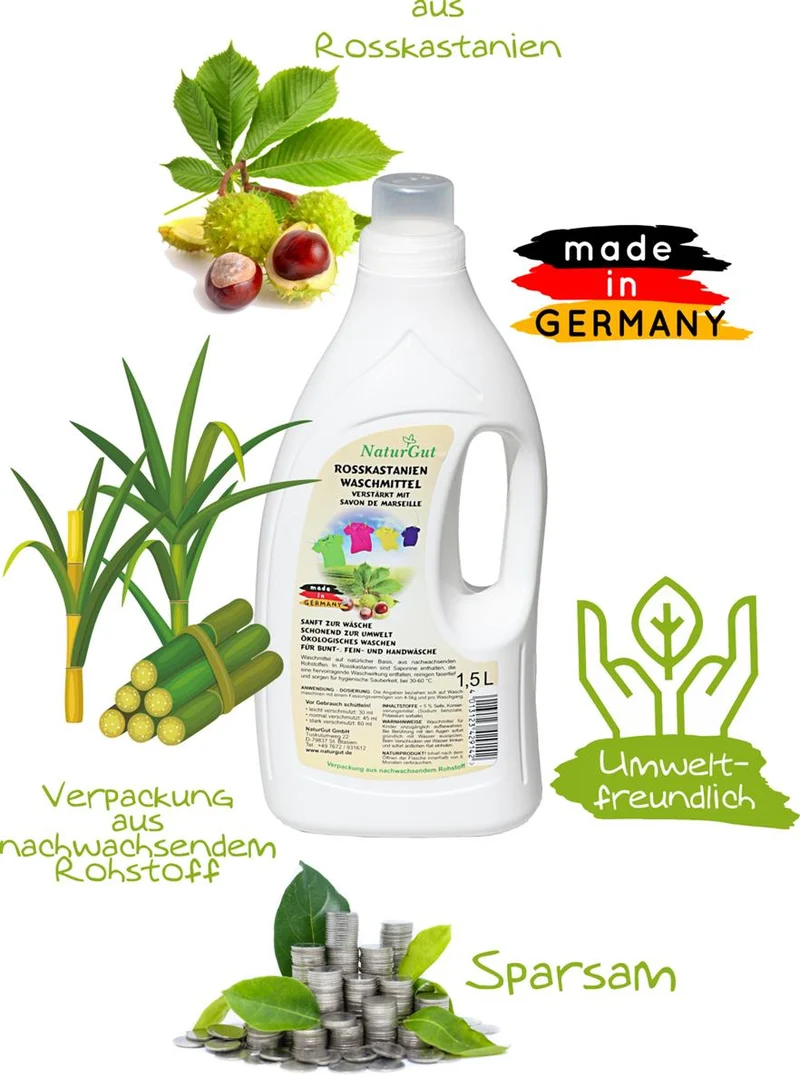 Rosskastanien Flüssigwaschmittel 1,5 L | Mit natürlichen Saponinen & Seife nach Art Savon de Marseille | Ohne Duft- & Farbstoffe | Für 30–60 °C | Made in Germany