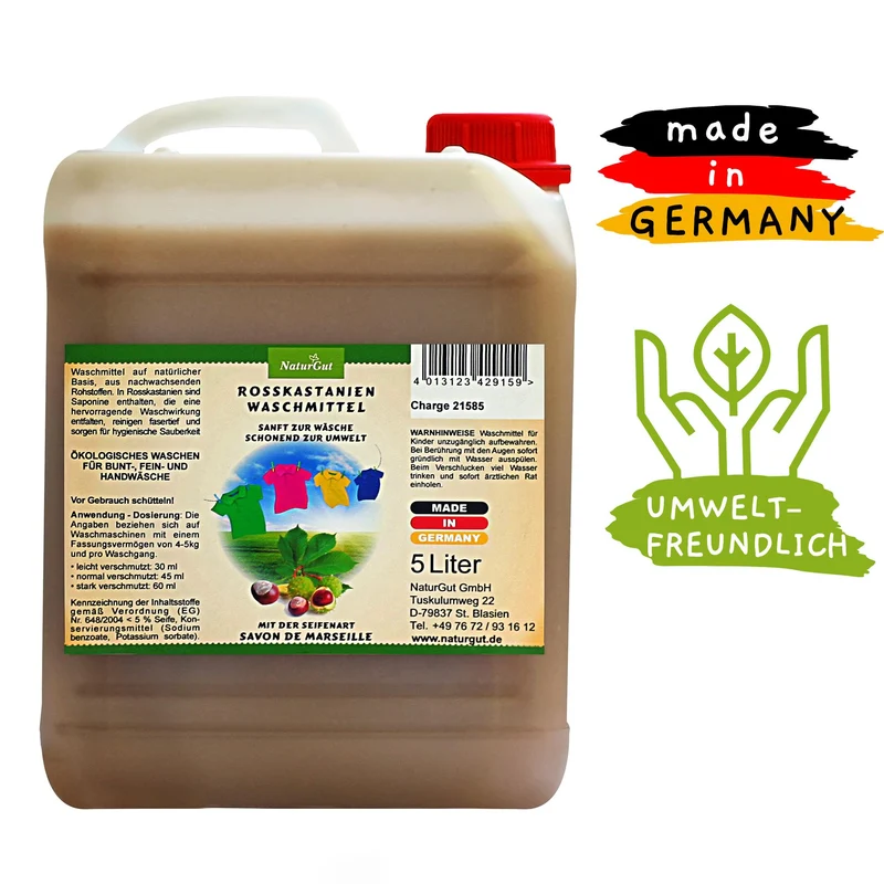 Rosskastanien Flüssigwaschmittel 5 L | Waschmittel mit natürlichen Saponinen & Seife nach Art Savon de Marseille | Ohne Duft- & Farbstoffe | 30–60 °C | Made in Germany