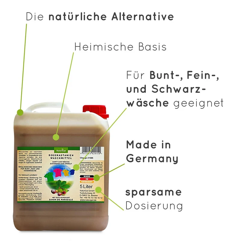 Rosskastanien Flüssigwaschmittel 5 L | Waschmittel mit natürlichen Saponinen & Seife nach Art Savon de Marseille | Ohne Duft- & Farbstoffe | 30–60 °C | Made in Germany