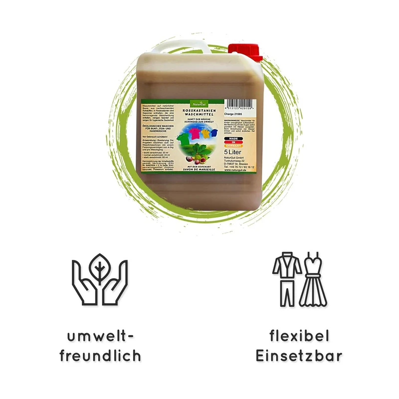 Rosskastanien Flüssigwaschmittel 5 L | Waschmittel mit natürlichen Saponinen & Seife nach Art Savon de Marseille | Ohne Duft- & Farbstoffe | 30–60 °C | Made in Germany