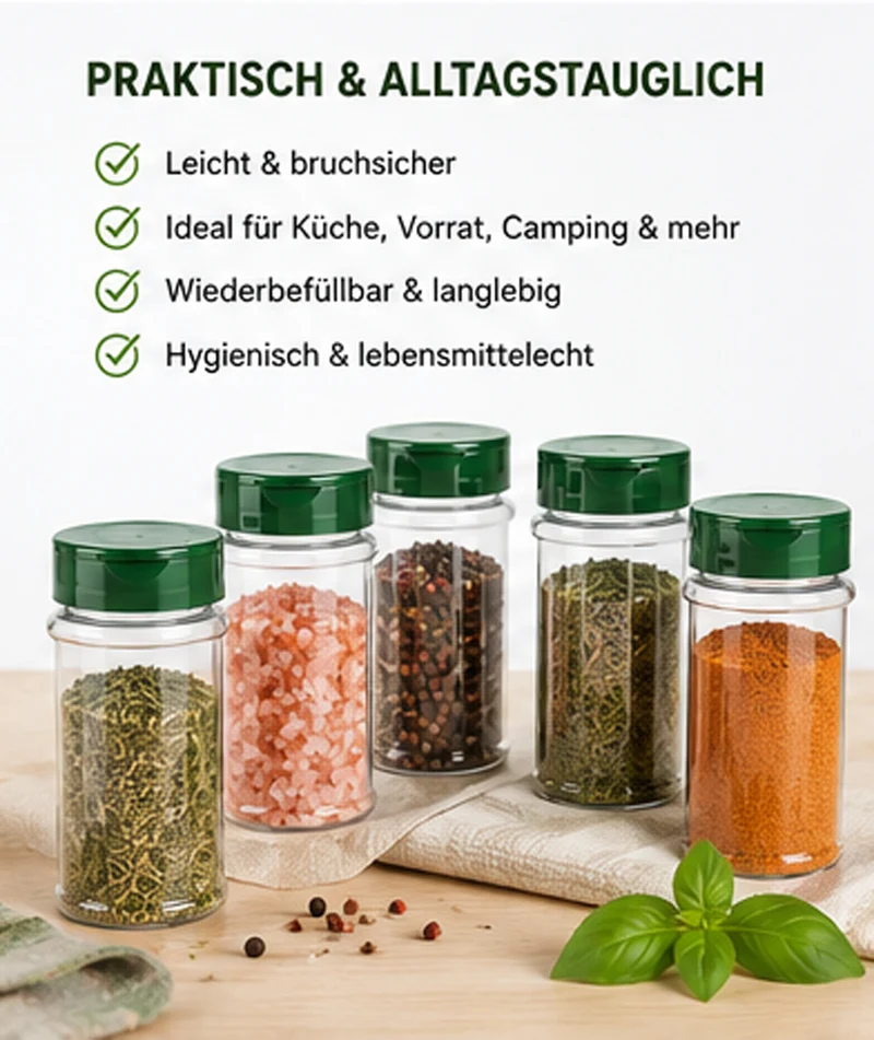 Gewürzdosen 5x100 ml mit Streuverschluss & UV-Schutz – PET Gewürzgläser BPA-frei – Gewürzbehälter für Küche, Kräuter, Gewürze & Vorrat – Wiederverwendbar & Aromaschutz