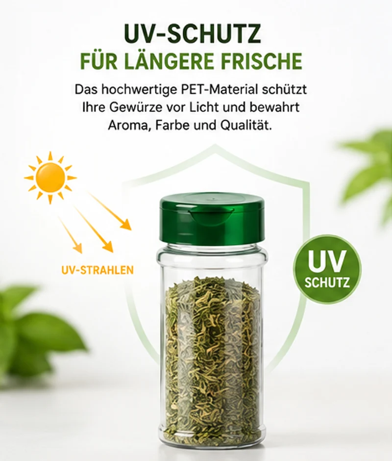 Gewürzdosen 5x100 ml mit Streuverschluss & UV-Schutz – PET Gewürzgläser BPA-frei – Gewürzbehälter für Küche, Kräuter, Gewürze & Vorrat – Wiederverwendbar & Aromaschutz