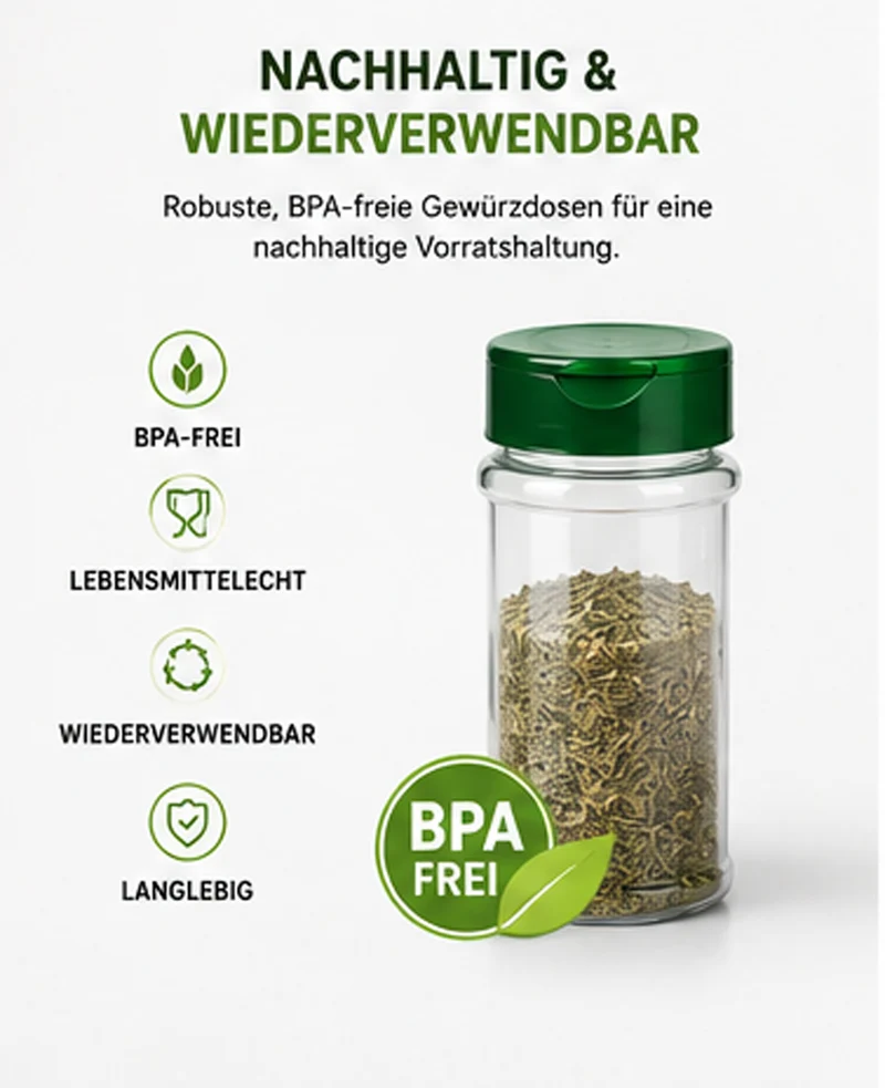Gewürzdosen 5x100 ml mit Streuverschluss & UV-Schutz – PET Gewürzgläser BPA-frei – Gewürzbehälter für Küche, Kräuter, Gewürze & Vorrat – Wiederverwendbar & Aromaschutz