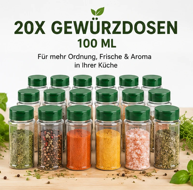 Gewürzdosen 20x100 ml mit Streuverschluss & UV-Schutz – PET Gewürzgläser BPA-frei – Gewürzbehälter für Küche, Kräuter, Gewürze & Vorrat – Wiederverwendbar & Aromaschutz