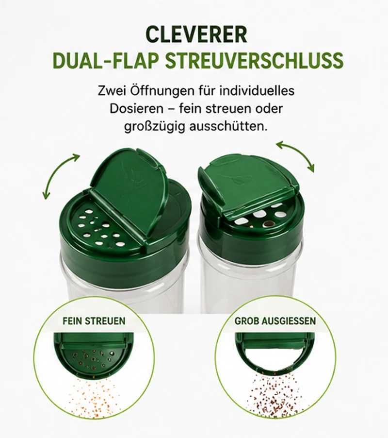 Gewürzdosen 10x100 ml mit Streuverschluss & UV-Schutz – PET Gewürzgläser BPA-frei – Gewürzbehälter für Küche, Kräuter, Gewürze & Vorrat – Wiederverwendbar & Aromaschutz