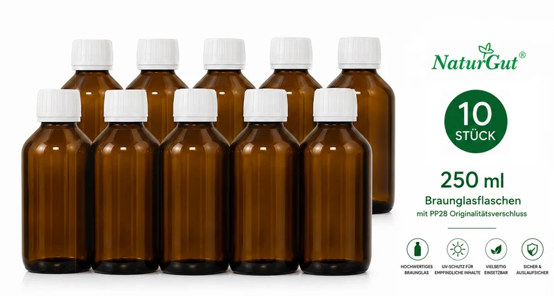 10 x 250 ml Braunglasflaschen | Apothekerflaschen aus Braunglas mit PP28 Originalitätsverschluss | Laborflaschen für Öle, Tinkturen & DIY | 10er Set