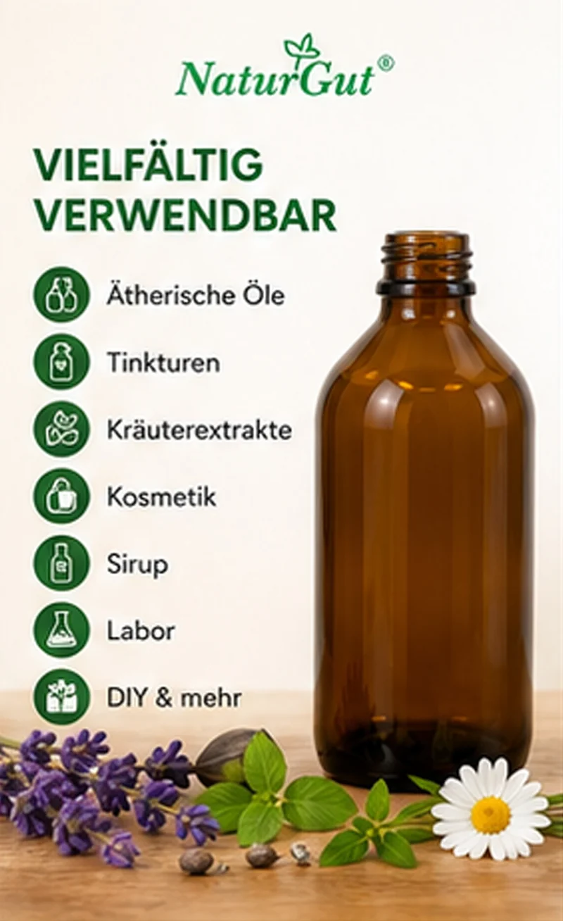 5 x 250 ml Braunglasflaschen | Apothekerflaschen aus Braunglas mit PP28 Originalitätsverschluss | Laborflaschen für Öle, Tinkturen & DIY | 5er Set