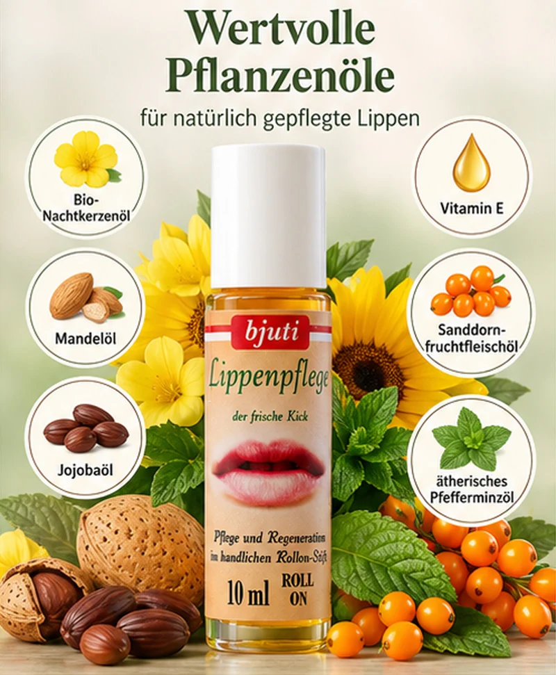 Lippenpflege Roll-On 10 ml | Lippenöl mit Bio-Nachtkerzenöl, Jojobaöl, Mandelöl & Vitamin E | Mit Sanddorn- und Pfefferminzöl | Ohne Alkohol & Farbstoffe