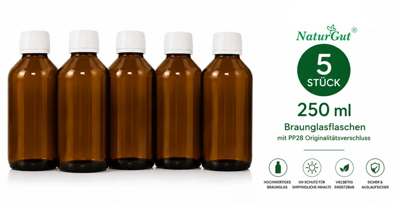 5 x 250 ml Braunglasflaschen | Apothekerflaschen aus Braunglas mit PP28 Originalitätsverschluss | Laborflaschen für Öle, Tinkturen & DIY | 5er Set
