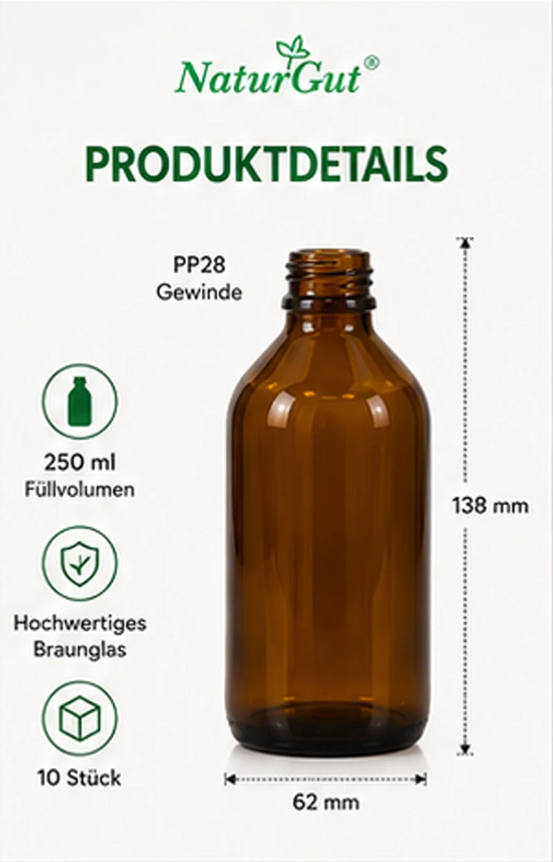5 x 250 ml Braunglasflaschen | Apothekerflaschen aus Braunglas mit PP28 Originalitätsverschluss | Laborflaschen für Öle, Tinkturen & DIY | 5er Set