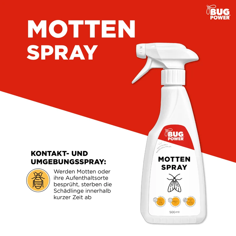 BugPower Mottenspray gegen Kleider- & Lebensmittelmotten - mit Knock-down-Effekt