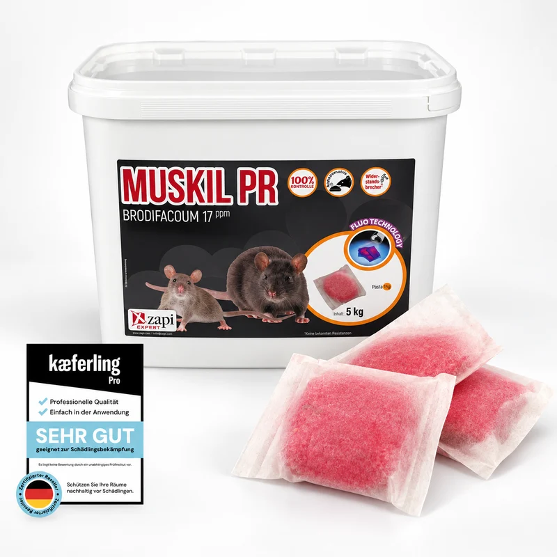 MUSKIL PR fluo RED Pasta 15 g – Brodifacoum-Pastenköder gegen Ratten & Mäuse – 5 kg Eimer
