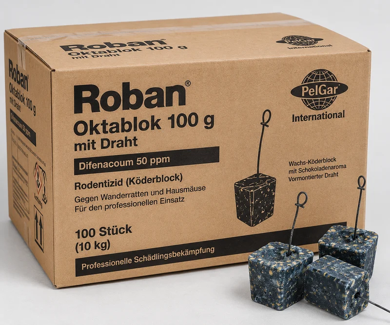 Roban Oktablok 100 g mit Draht – Difenacoum-Köderblock – 100 Stück (10 kg)
