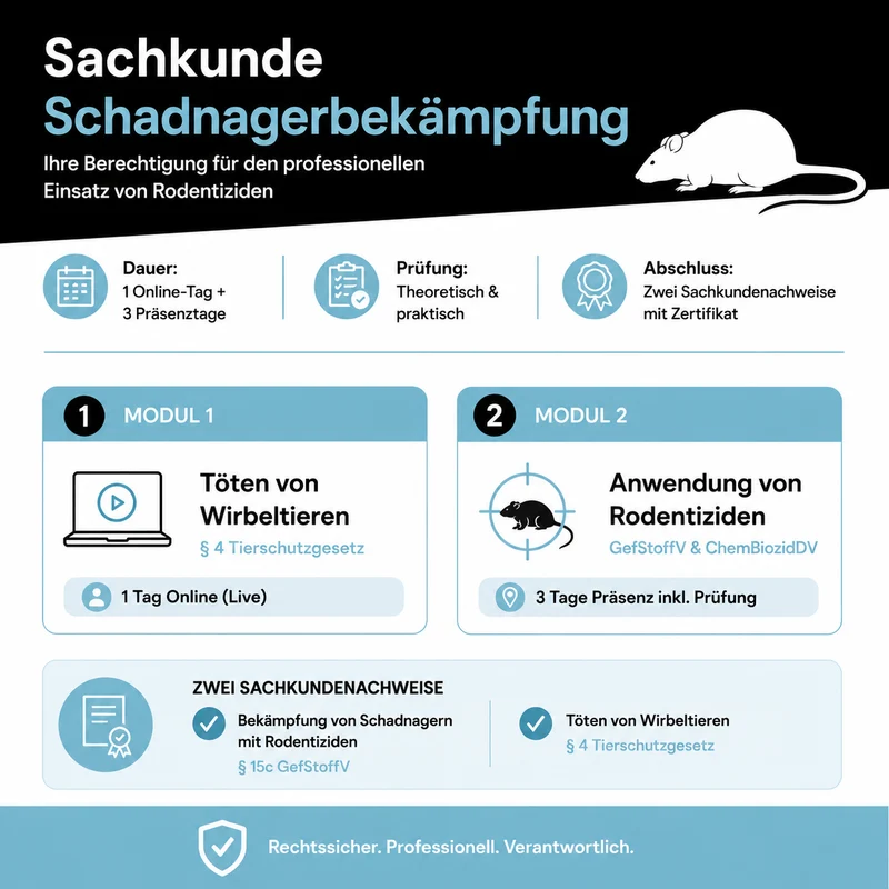 Sachkunde: Schadnagerbekämpfung mit Rodentiziden – Lehrgang mit Prüfung & Zertifikat (1 Tag online + 3 Tage Präsenz)