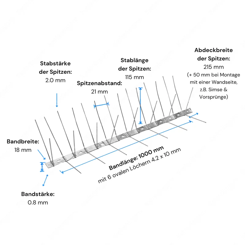 Taubenabwehr-Spikes 6-reihig in Silber aus Edelstahl – 1 m