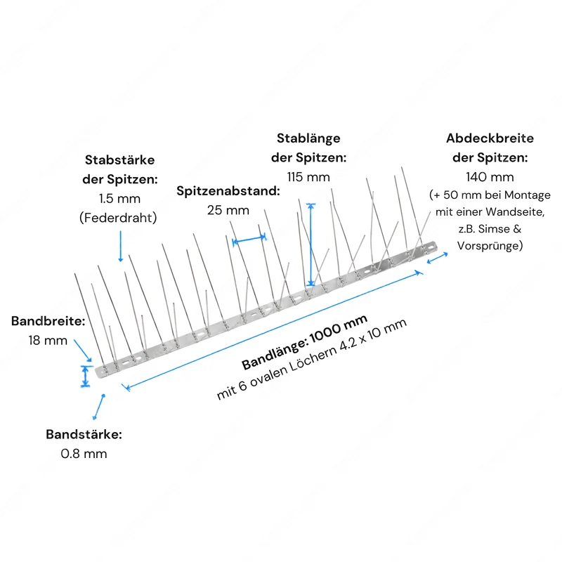 Taubenabwehr-Spikes 4-reihig in Silber aus Edelstahl – 1 m