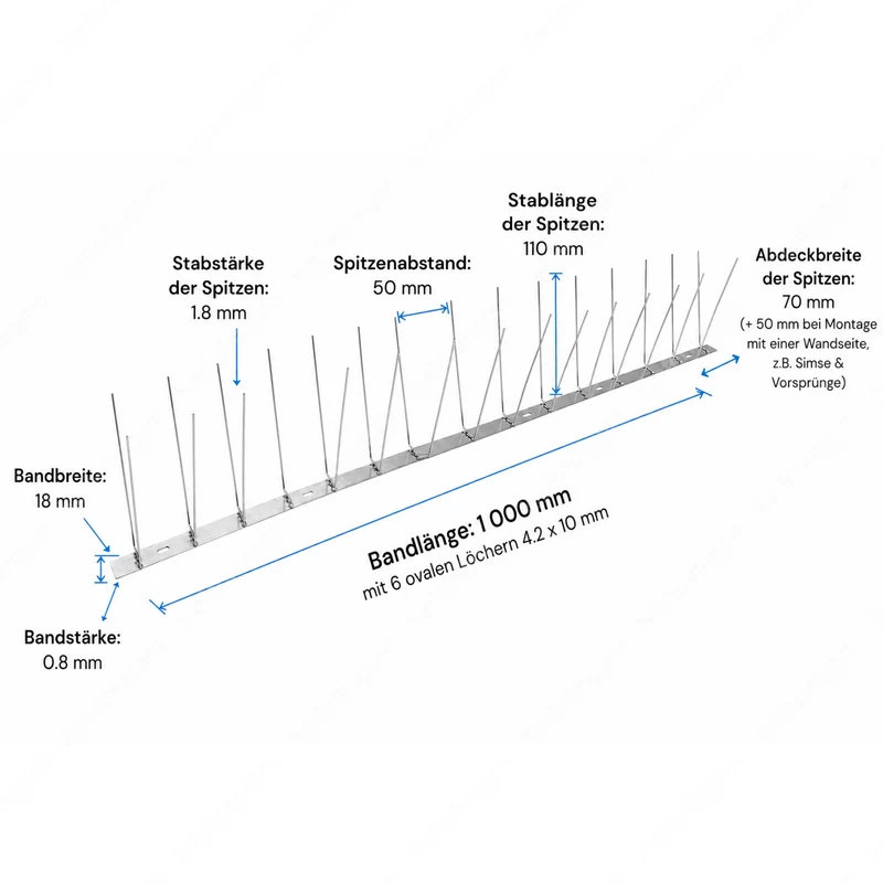Taubenabwehr-Spikes 2-reihig in Silber aus Edelstahl – 1 m